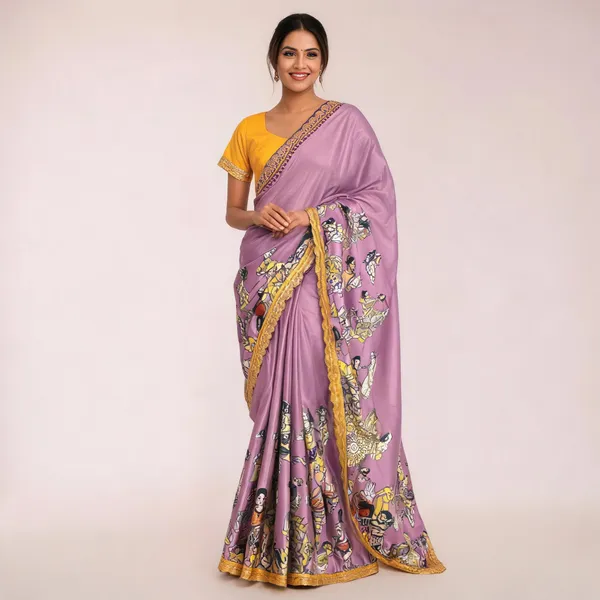 Print_Dola_Silk_Saree_With_Stitched_Blouse_Lavender_With_Yellow