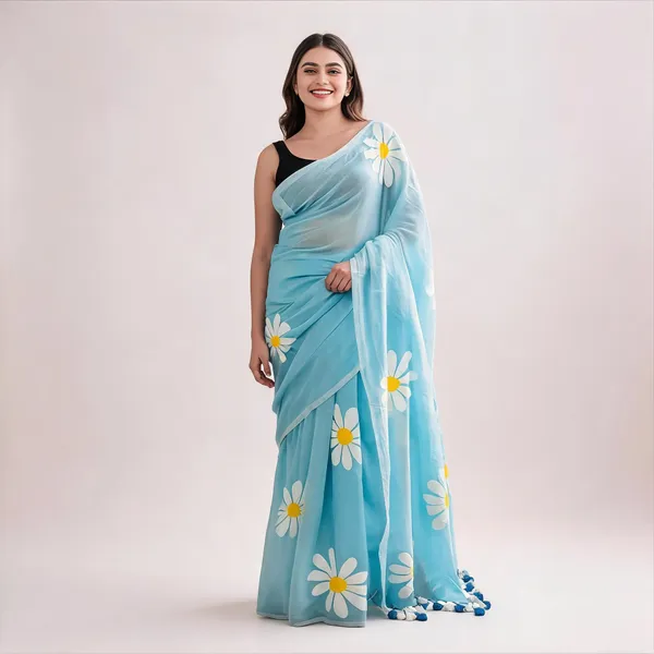 Linen_Sarees_With_Tassels_Sea_Blue