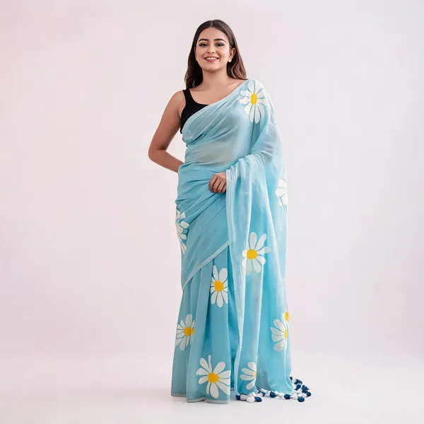 Linen_Sarees_With_Tassels_Sea_Blue