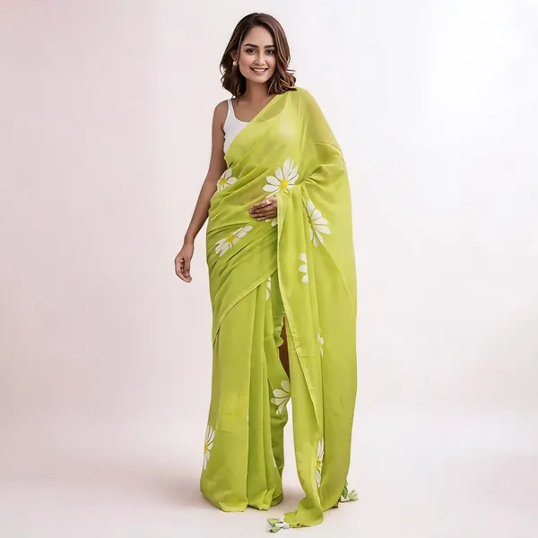 Linen_Sarees_With_Tassels_Parrot_Green