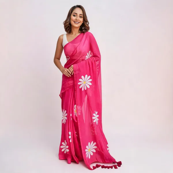 Linen_Sarees_With_Tassels_Rani_Pink