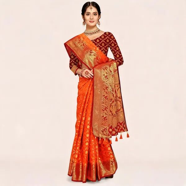 Self_Design_Patola_Cotton_Silk_Sarees_Orange_With_Red