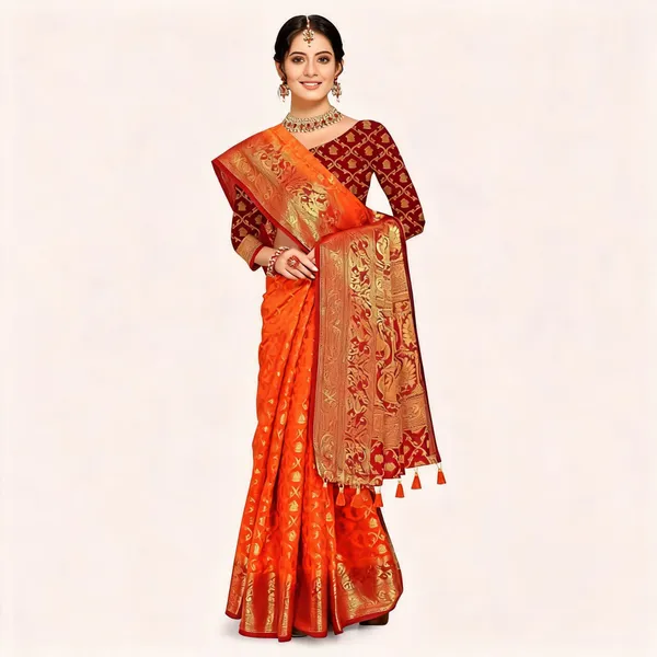 Self_Design_Patola_Cotton_Silk_Sarees_Orange_With_Red
