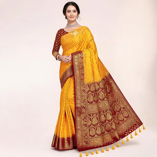 Self_Design_Patola_Cotton_Silk_Sarees_Yellow_With_Red