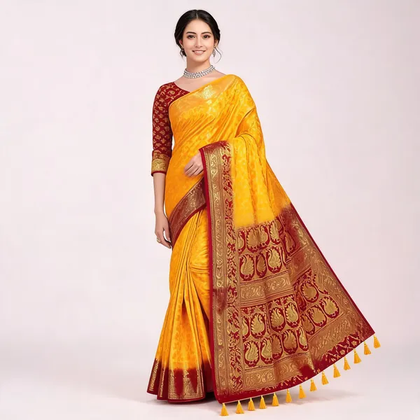 Self_Design_Patola_Cotton_Silk_Sarees_Yellow_With_Red