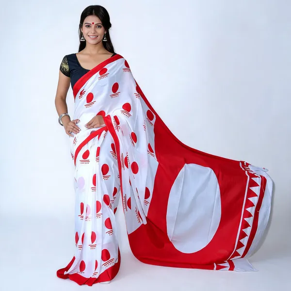 White_And_Red_Cotton_Mulmul_Saree_With_Blouse_Piece