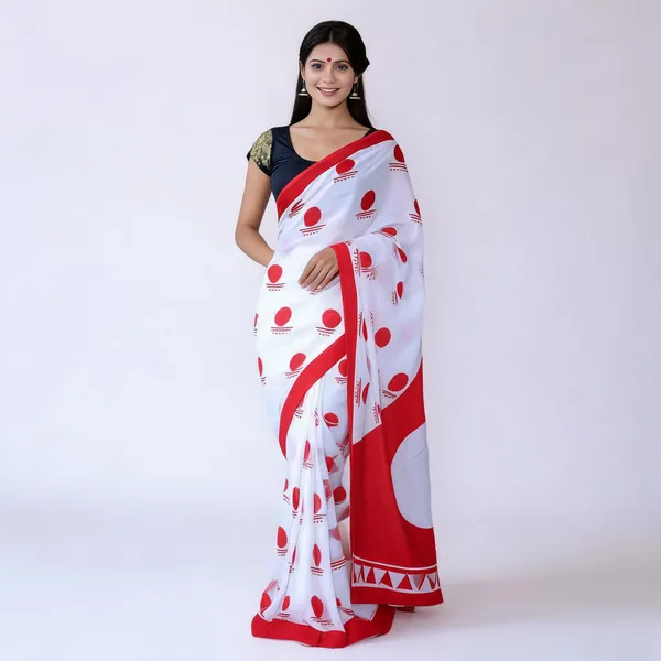 White_And_Red_Cotton_Mulmul_Saree_With_Blouse_Piece