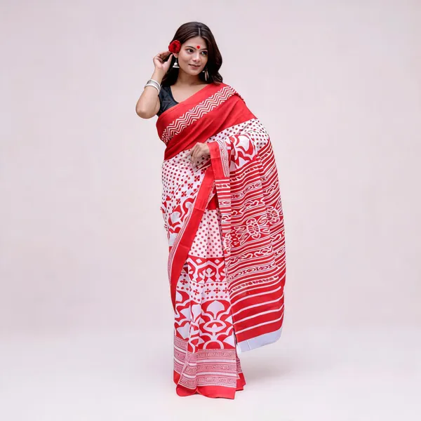 Cotton_Mulmul_Sarees_With_Blouse_Piece_Bright_Red_Cotton_Adults
