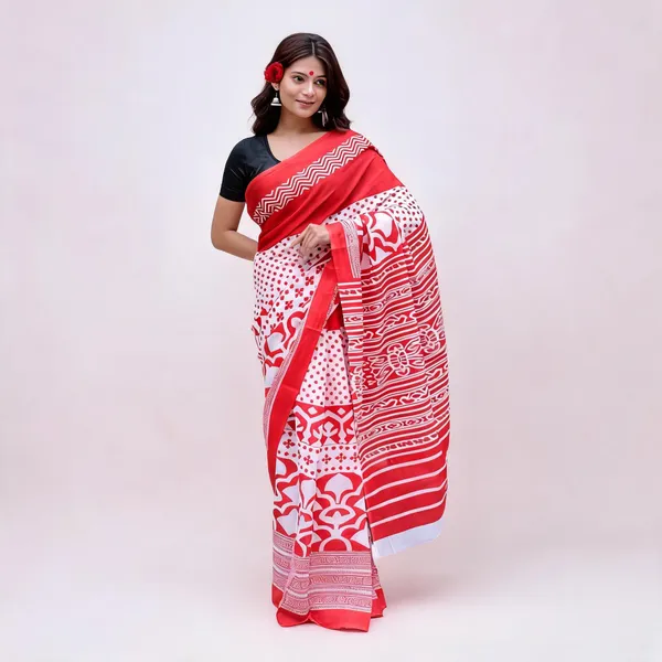 Cotton_Mulmul_Sarees_With_Blouse_Piece_Bright_Red_Cotton_Adults