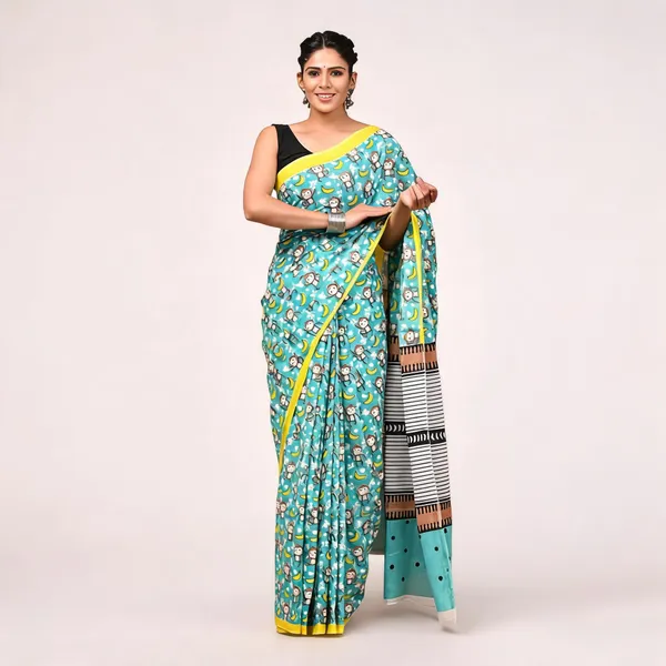 Cotton_Mulmul_Sarees_With_Blouse_Piece_Bottle_Green_Cotton_Adults