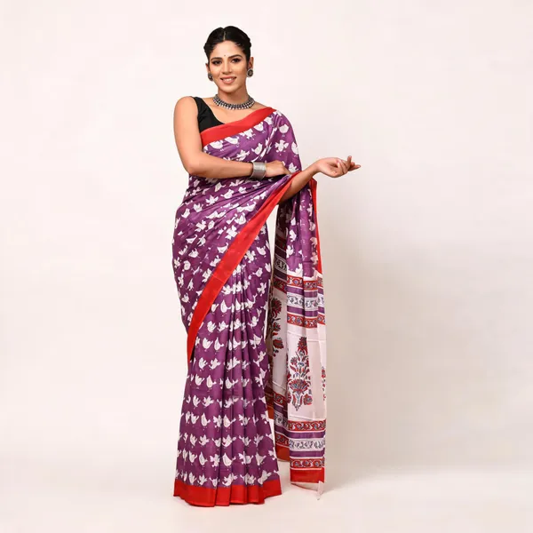 Cotton_Mulmul_Sarees_With_Blouse_Piece_Black_With_Pink_Cotton_Adults