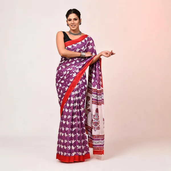 Cotton_Mulmul_Sarees_With_Blouse_Piece_Black_With_Pink_Cotton_Adults