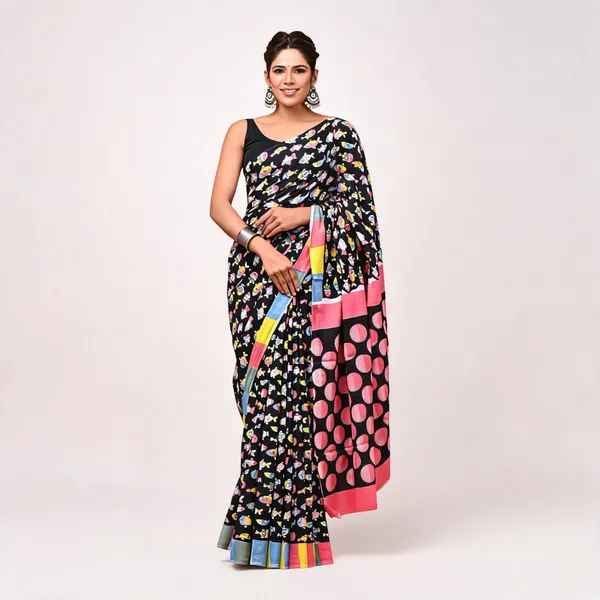 Cotton_Mulmul_Sarees_With_Blouse_Piece_Black_Cotton_Adults