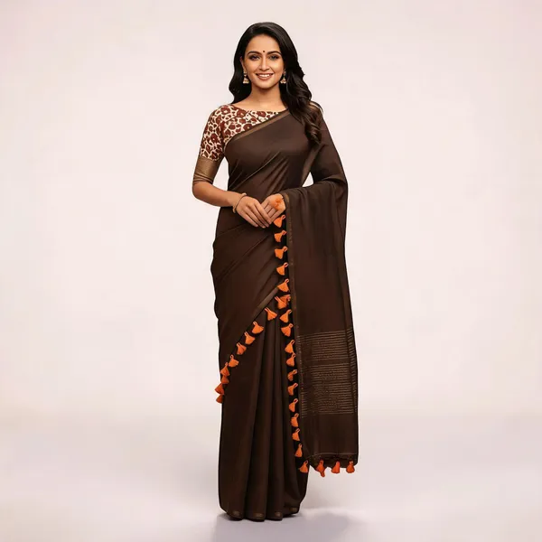 Elegant_Woven_Saree_With_Tassels_Brown_Cotton_Female