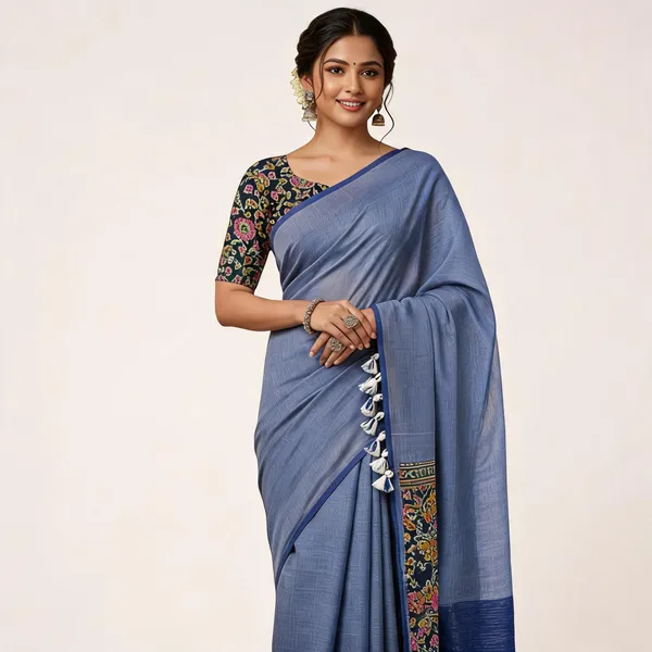 Elegant_Woven_Saree_With_Tassels_Blue_Cotton_Female