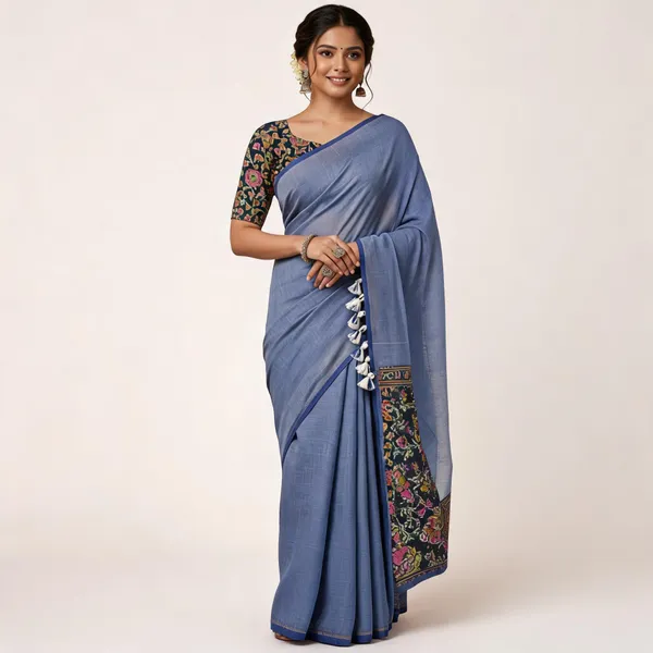 Elegant_Woven_Saree_With_Tassels_Blue_Cotton_Female