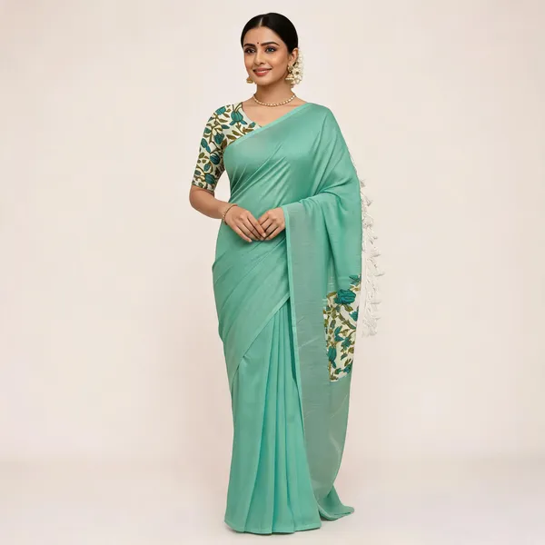 Elegant_Woven_Saree_With_Tassels_Teal_Green_Cotton_Female
