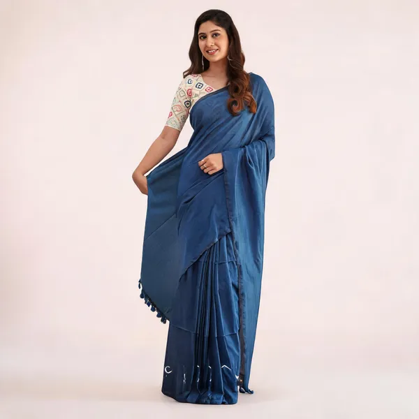 Elegant_Woven_Saree_With_Tassels_Navy_Blue_Cotton_Female