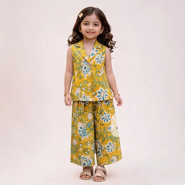 Girls_Sleeveless_Button_Down_Wide_Leg_Pants_Set_Yellow_Female_7_8_Years
