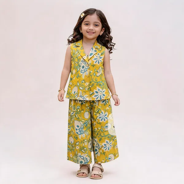Girls_Sleeveless_Button_Down_Wide_Leg_Pants_Set_Yellow_Female_7_8_Years