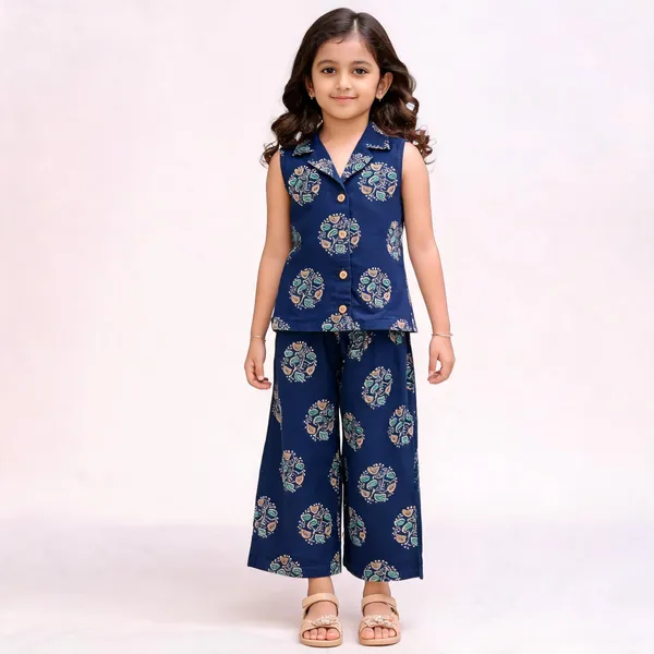 Girls_Sleeveless_Button_Down_Wide_Leg_Pants_Set_Navy_Female_5_6_Years