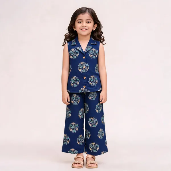 Girls_Sleeveless_Button_Down_Wide_Leg_Pants_Set_Navy_Female_5_6_Years