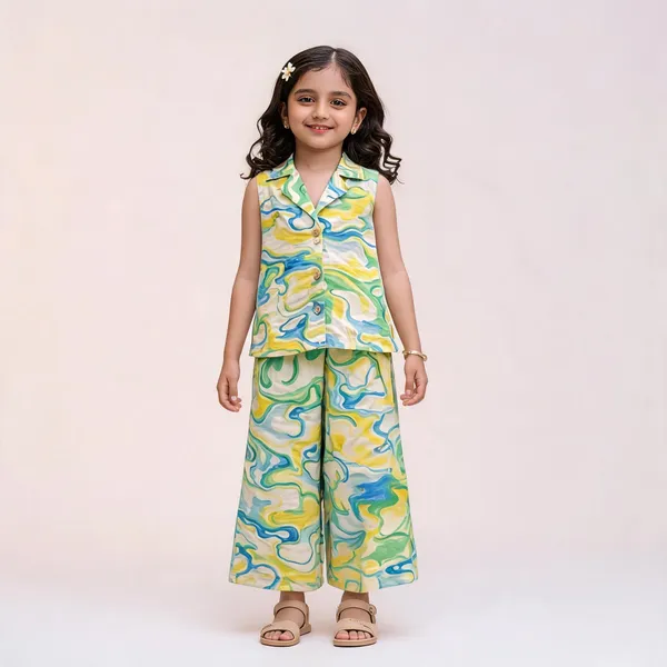 Girls_Sleeveless_Button_Down_Wide_Leg_Pants_Set_Green_Female_10_11_Years