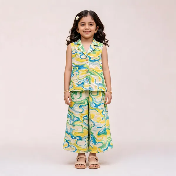 Girls_Sleeveless_Button_Down_Wide_Leg_Pants_Set_Green_Female_10_11_Years