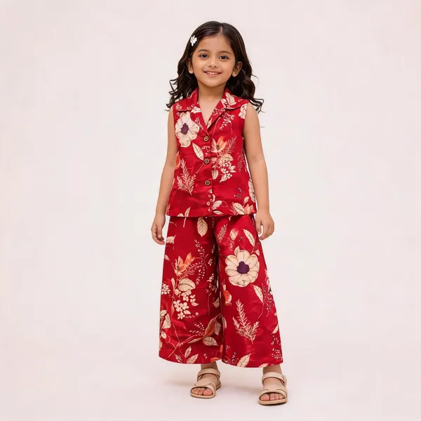Girls_Sleeveless_Button_Down_Wide_Leg_Pants_Set_Bright_Red_Female_7_8_Years