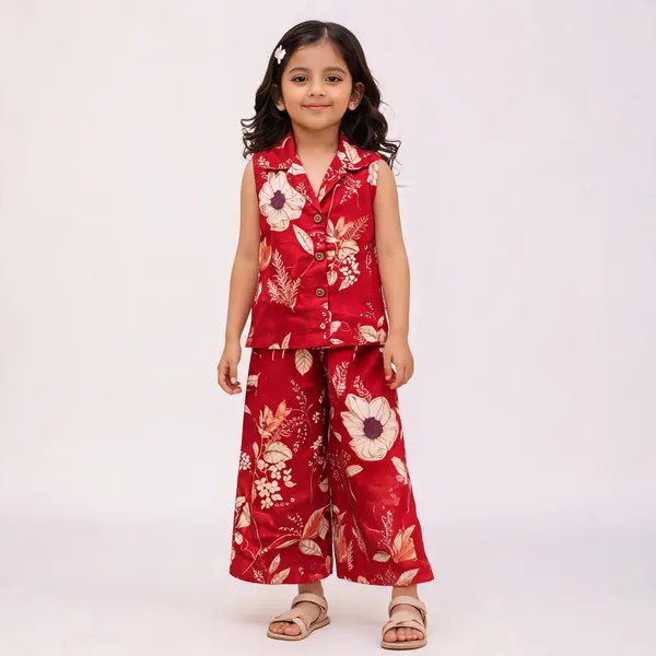 Girls_Sleeveless_Button_Down_Wide_Leg_Pants_Set_Bright_Red_Female_7_8_Years