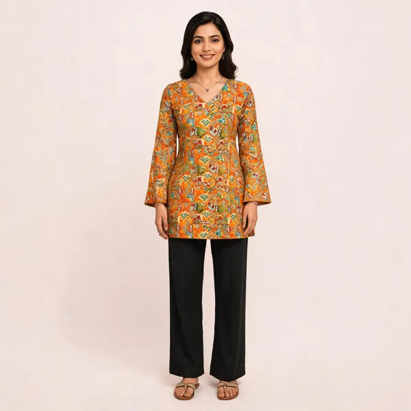 Elegant_Women's_Rayon_Top_Floral_Print_Bell_Sleeves_Back_Dori_Style_Orange