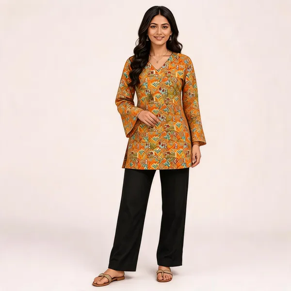 Elegant_Women's_Rayon_Top_Floral_Print_Bell_Sleeves_Back_Dori_Style_Orange