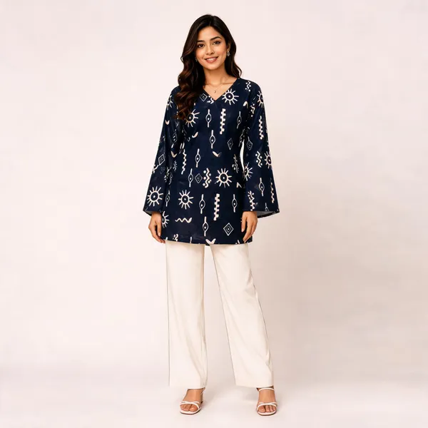 Elegant_Women's_Rayon_Top_Floral_Print_Bell_Sleeves_Back_Dori_Style_Navy