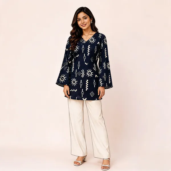 Elegant_Women's_Rayon_Top_Floral_Print_Bell_Sleeves_Back_Dori_Style_Navy