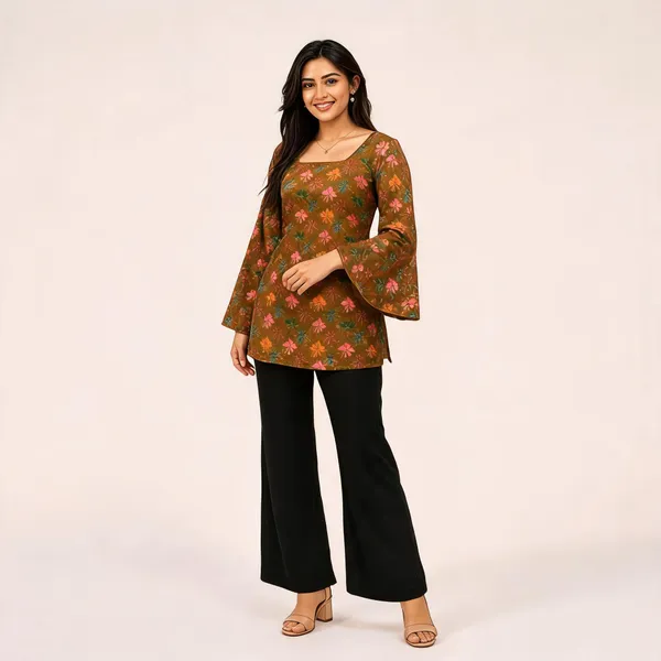 Elegant_Women's_Rayon_Top_Floral_Print_Bell_Sleeves_Back_Dori_Style_Dark_Brown