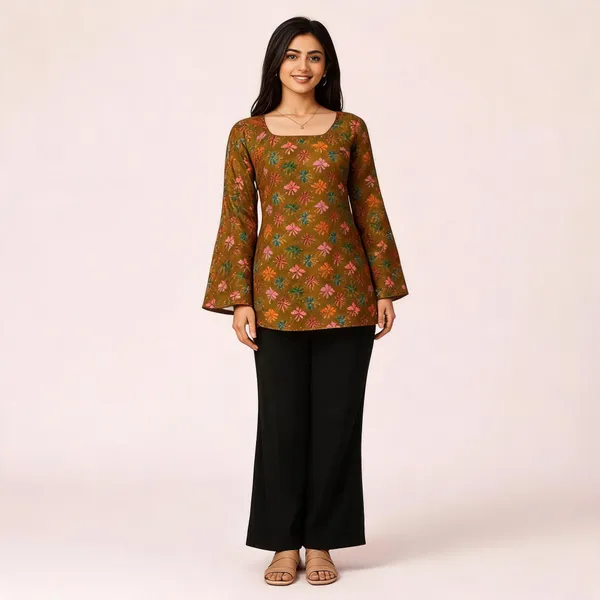 Elegant_Women's_Rayon_Top_Floral_Print_Bell_Sleeves_Back_Dori_Style_Dark_Brown