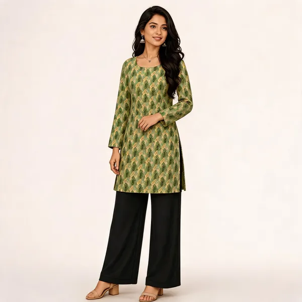 Elegant_Women's_Rayon_Top_Floral_Print_Bell_Sleeves_Back_Dori_Style_Leaf_Green