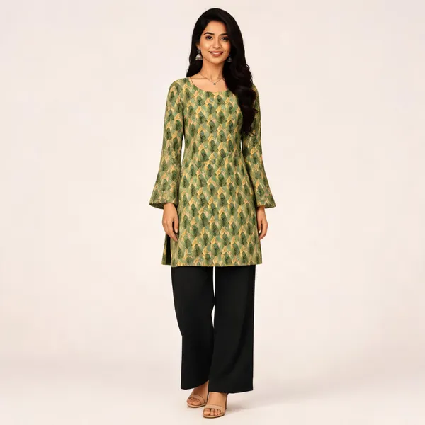 Elegant_Women's_Rayon_Top_Floral_Print_Bell_Sleeves_Back_Dori_Style_Leaf_Green