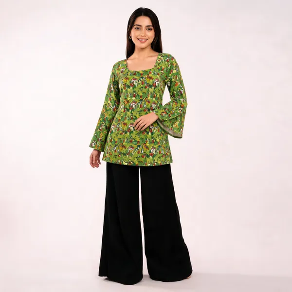 Elegant_Women's_Rayon_Top_Floral_Print_Bell_Sleeves_Back_Dori_Style_Grass_Green