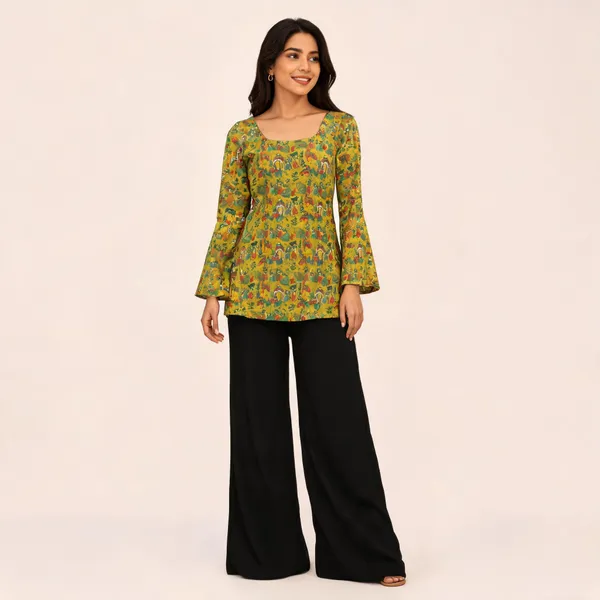 Elegant_Women's_Rayon_Top_Floral_Print_Bell_Sleeves_Back_Dori_Style_Grass_Green