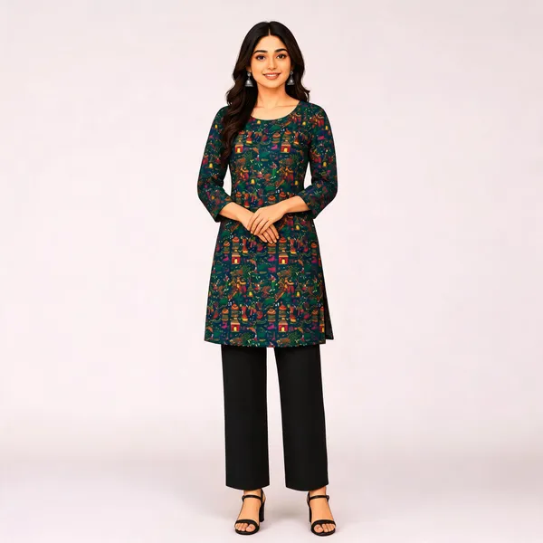 Elegant_Women's_Rayon_Top_Floral_Print_Bell_Sleeves_Back_Dori_Style_Peacock_Green