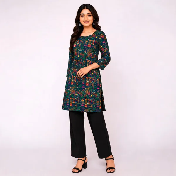 Elegant_Women's_Rayon_Top_Floral_Print_Bell_Sleeves_Back_Dori_Style_Peacock_Green