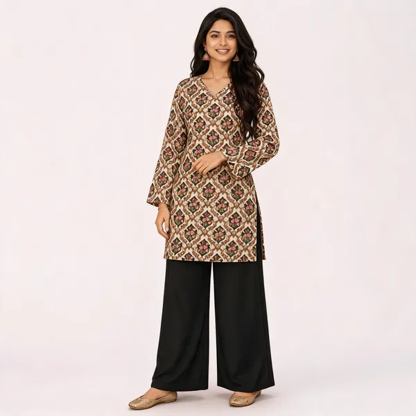 Elegant_Women's_Rayon_Top_Floral_Print_Bell_Sleeves_Back_Dori_Style_Checked_Pattern