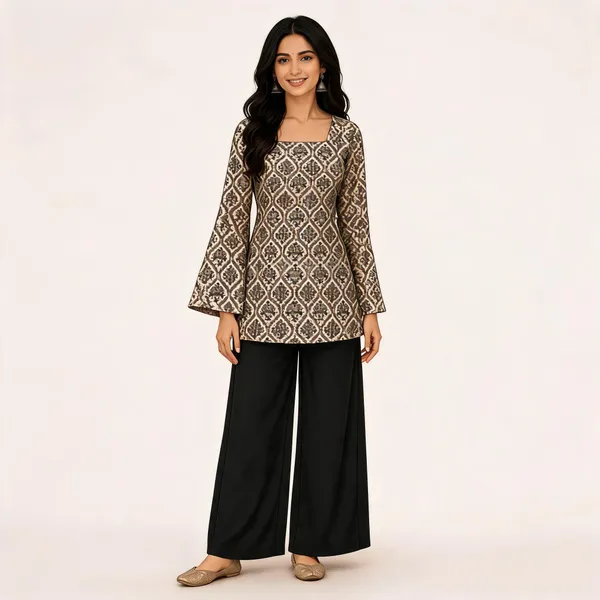 Elegant_Women's_Rayon_Top_Floral_Print_Bell_Sleeves_Back_Dori_Style_Grey