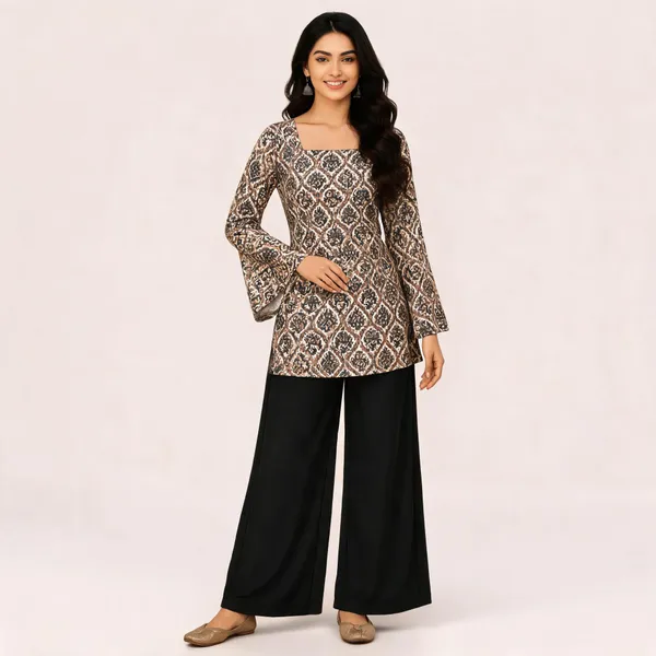 Elegant_Women's_Rayon_Top_Floral_Print_Bell_Sleeves_Back_Dori_Style_Grey