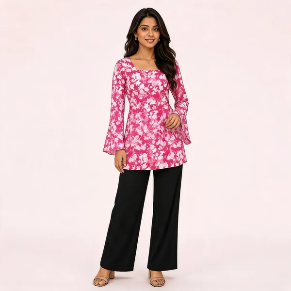 Elegant_Women's_Rayon_Top_Floral_Print_Bell_Sleeves_Back_Dori_Style_Pink