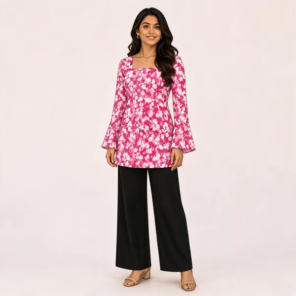 Elegant_Women's_Rayon_Top_Floral_Print_Bell_Sleeves_Back_Dori_Style_Pink