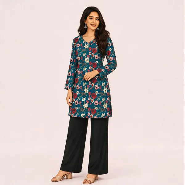 Elegant_Women's_Rayon_Top_Floral_Print_Bell_Sleeves_Back_Dori_Style_Blue