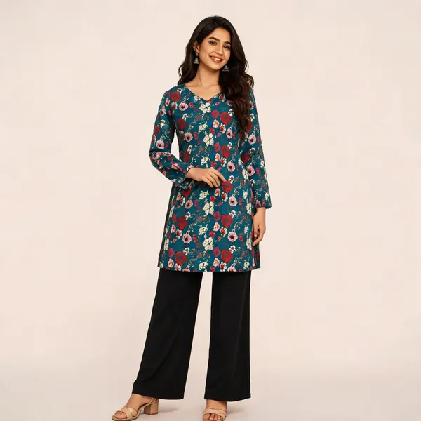 Elegant_Women's_Rayon_Top_Floral_Print_Bell_Sleeves_Back_Dori_Style_Blue