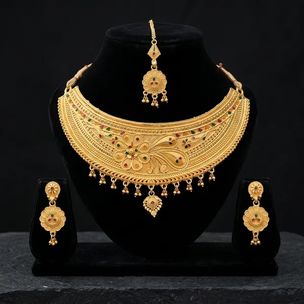 Gold_Brass_Choker_Necklace_Set_For_Women